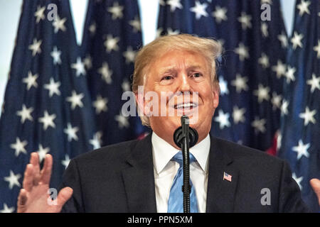 New York, USA, 26. September 2018. US-Präsident Donald Trump auf einer Pressekonferenz nach der Teilnahme an der 73. Generalversammlung der Vereinten Nationen in New York City. Foto von Enrique Ufer Stockfoto