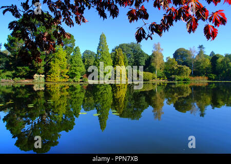 Sheffield Park, East Sussex. 27. September 2018. UK Wetter: Sonnenschein und hellen Anfang Herbst Farbe in Sheffield Park Gardens, East Sussex. © Peter Cripps/Alamy leben Nachrichten Stockfoto