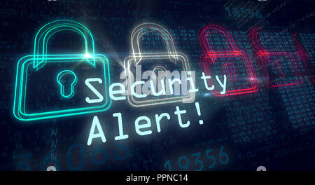 Security Alert und Cyber Security Konzept. Rot und Grün Vorhängeschlösser auf binäre Hintergrund. Stockfoto