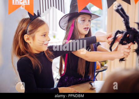 Zwei Mädchen, die Halloween Kostüme spielen mit Schwarz scary spider Spielzeug Stockfoto