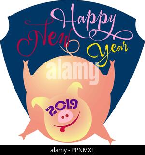 Schwein in der Form einer Christmas Ball mit der Aufschrift Frohes neues Jahr in trendigen Farben von 2019 Stock Vektor