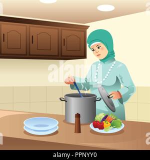 Ein Vektor Illustration der muslimischen Frau Kochen zu Hause Stock Vektor