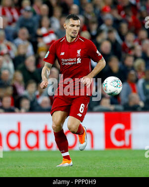 Liverpools Dejan Lovren während der carabao Pokal, dritte Runde in Liverpool, Liverpool. PRESS ASSOCIATION Foto. Bild Datum: Mittwoch, September 26, 2018. Siehe PA-Geschichte FUSSBALL Liverpool. Foto: Martin Rickett/PA-Kabel. Einschränkungen: EDITORIAL NUR VERWENDEN Keine Verwendung mit nicht autorisierten Audio-, Video-, Daten-, Spielpläne, Verein/liga Logos oder "live" Dienstleistungen. On-line-in-Match mit 120 Bildern beschränkt, kein Video-Emulation. Keine Verwendung in Wetten, Spiele oder einzelne Verein/Liga/player Publikationen. Stockfoto