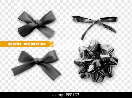 Bogen Farbe Schwarz realistischem Design. Isolierte Geschenk Bögen mit Bändern mit Schatten Stock Vektor