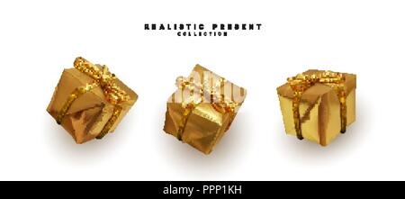 Set präsentiert. Golden Geschenkboxen realistischem Design. Auf weissem Hintergrund Stock Vektor