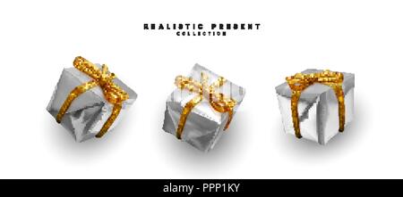 Set präsentiert. Silber Geschenkboxen realistischem Design. Auf weissem Hintergrund Stock Vektor