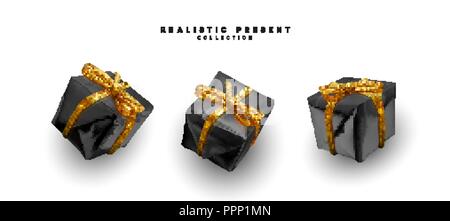 Set präsentiert. Schwarz Geschenksets realistischem Design. Auf weissem Hintergrund Stock Vektor