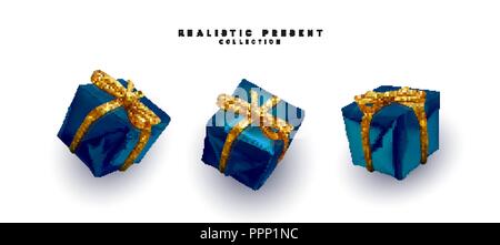 Set präsentiert. Blau Geschenkboxen realistischem Design. Auf weissem Hintergrund Stock Vektor