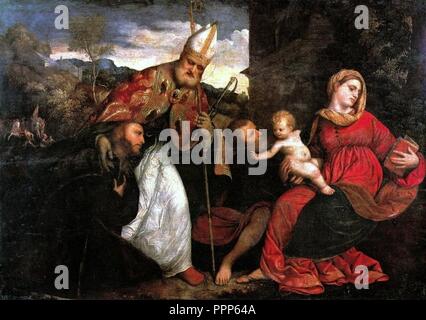 Paris Bordone-Sacra Famiglia con Sant'Ambrogio e un offerente - Pinacoteca Brera Milano. Stockfoto