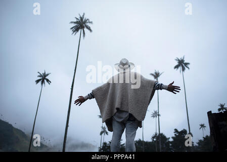 Reisen Lifestyle. Mann mit einem Poncho Stil ruana & Panama Hut mit Arme gestreckt auf den ikonischen Quindío wachs Palmen in Cocora Tal, Kolumbien Stockfoto