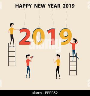 Geschäftsleute cartoon Charakter und ein Glückliches Neues Jahr 2019 Konzept. Frohes Neues Jahr Frohes Neues Jahr 2019.2019 Grußkarte. Vector Illustration Vektor illus Stock Vektor