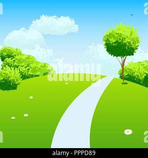 Grüne Landschaft mit Bäumen, Wolken und Gänseblümchen. Stock Vektor