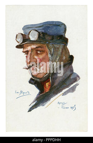Französisch Historische Postkarte: Porträt von ACE Pilot im Flug Gläser, mit dünnen Schnurrbart, rauchen eine Zigarette. Erster Weltkrieg 1914-1918. Frankreich Stockfoto