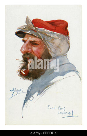 Französisch Historische Postkarte: Porträt eines alten erfahrenen Soldaten in eine rote Kappe mit einem Taschentuch, das raucht eine Pfeife. Erster Weltkrieg 1914-1918. Frankreich Stockfoto