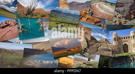 Panoramablick auf die Collage, die Landschaft von Kasachstan. Kulisse aus Bergen und Steppen, Tal der sieben Flüsse, Kasachstan. Reise durch die wilde Stockfoto