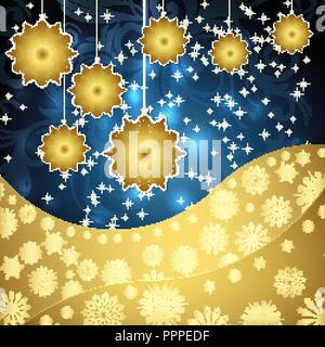 Golden Schneeflocken und frostigen Muster auf einem dunkelblauen Hintergrund. Weihnachten Hintergrund, Vector Illustration. Stock Vektor