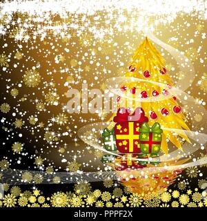 Fairy goldenen Weihnachtsbaum mit Geschenken auf einem dunklen Hintergrund des Himmels. Vector EPS 10 Abbildung Stock Vektor