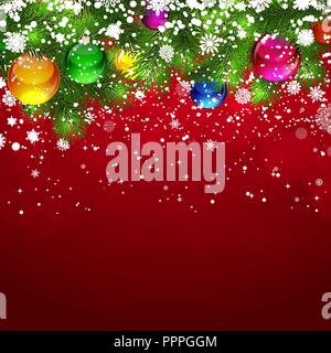 Weihnachten Hintergrund mit Schnee - Zweige der Weihnachtsbaum, der mit Girlanden und Luftballons dekoriert. Stock Vektor