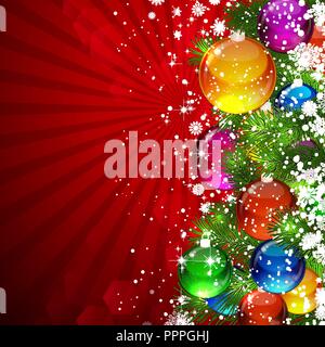 Weihnachten Hintergrund mit schneebedeckten Weihnachtsbaum mit Kugeln aus Glas dekoriert Stock Vektor