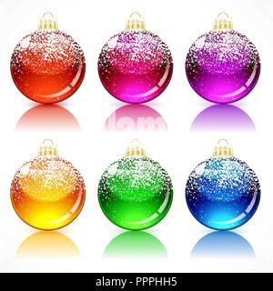 Weihnachten Kugeln aus Glas mit einem goldenen Kappe und Schleife, Pulverschnee. Stock Vektor