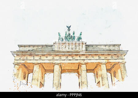 Ein Aquarell Skizze oder Abbildung: Das Brandenburger Tor in Berlin, Deutschland. Architektonisches Monument, das sich im historischen Zentrum von Berlin. Stockfoto