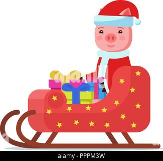 Piggy sitzen in bunten Schlitten mit Geschenken Stock Vektor