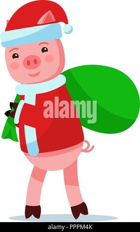 Piggy in Santa Claus Kostüm trägt Tasche mit Geschenk Stock Vektor