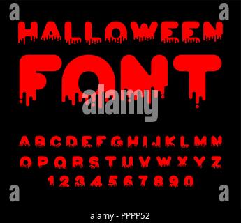 Halloween Font Blut. Rote Flüssigkeit schreiben. Schreckliche Alphabet. Horror ABC Stock Vektor