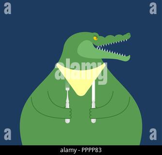 Krokodil mit Löffel und Gabel Abendessen. Hungrige krokodil Vector Illustration Stock Vektor