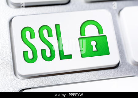 Makro des Wortes SSL mit einem Schloss-symbol auf eine Schaltfläche Tastatur Stockfoto