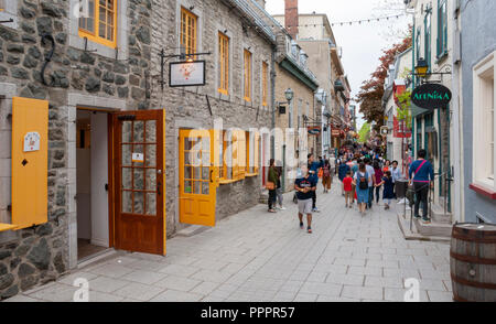 Masse der Touristen flanieren auf der Rue du Petit Champlain - ein berühmter Einkaufsstraße im historischen Viertel der Stadt, in der Altstadt von Quebec, Quebec City Stockfoto