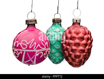 Drei alte Xmass Kugeln Ornement vor weißem Hintergrund Stockfoto