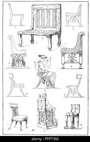 1.-2. Einfache ägyptische Stühle zu Ménard et Sauvageot. 3. Reiche ägyptische Stuhl. Wandmalerei aus dem königlichen Grab Ramses III. in Theben. (Ménard et Sauvageot). 4. Ägyptische Stuhl mit gemusterten Polstern. British Museum. 5. Ägyptische Stuhl. British Museum. 6.-7th-griechische Frauen Stühle mit Polster und Fell. Form Klismos. (Ménard et Sauvageot). 8. Antiker Stuhl mit Kissen und Hocker, aus einem Pompejanischen Wandgemälde, das die Leda. (Ménard et Sauvageot). 9. Griechische Frau Stuhl. Teil einer antiken vase Malerei. 10. Antiker Stuhl mit der Statue von Jupiter. (Ménard et Sauvageot). 11. Lehrstuhl fr Stockfoto