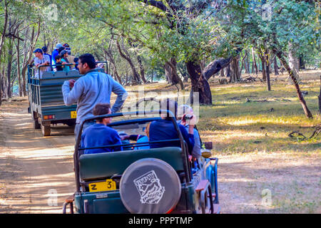 RANTHAMBORE Nationalpark, INDIEN - 15. April: Touristische Gruppe Menschen auf Safari Jeep Kreuzung Straße weg im Gefahrenbereich von Wald. Es ist geschützter Wald Stockfoto