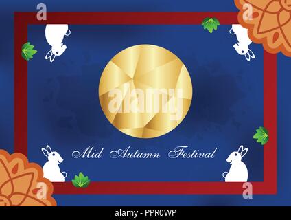 Mid Autumn Festival für Chinesen in flacher Ausführung. Vector Illustration auf blauem Hintergrund mit Mond, Kaninchen, Mooncakes. Stock Vektor