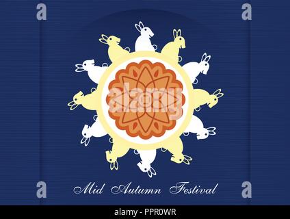 Mid Autumn Festival für Chinesen in flacher Ausführung. Vector Illustration auf blauem Hintergrund mit Mond, Kaninchen, Mooncakes. Stock Vektor