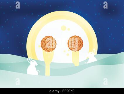 Mid Autumn Festival für Chinesen in flacher Ausführung. Vector Illustration auf blauem Hintergrund mit Mond, Kaninchen, Mooncakes. Stock Vektor