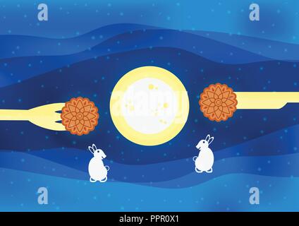 Mid Autumn Festival für Chinesen in flacher Ausführung. Vector Illustration auf blauem Hintergrund mit Mond, Kaninchen, Mooncakes. Stock Vektor