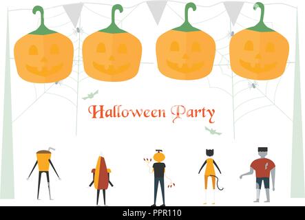 Minimale scary Scene für Halloween tag, 31. Oktober, mit Monstern, cat woman, Glas, Kürbis Mann, Frankenstein, Dach gehören. Vektor illustrati Stock Vektor