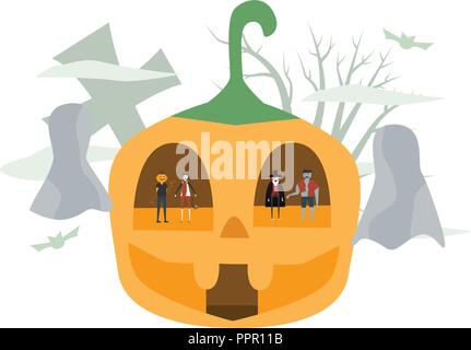 Minimal Szene für Halloween tag, 31. Oktober, mit Monster, Dracula, Kürbis Mann, Frankenstein, Cat. Vector Illustration auf weißen isoliert Stock Vektor