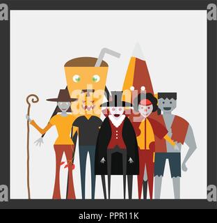 Minimal Szene für Halloween tag, 31. Oktober, mit Monster, Dracula, Glas, Kürbis Mann, Frankenstein, Regenschirm, Joker, Hexe Frau gehören. Vecto Stock Vektor