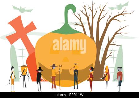 Minimal Szene für Halloween tag, 31. Oktober, mit Monster, Dracula, Glas, Kürbis Mann, Frankenstein, Regenschirm, Cat, Joker, Hexe Frau gehören. Stock Vektor