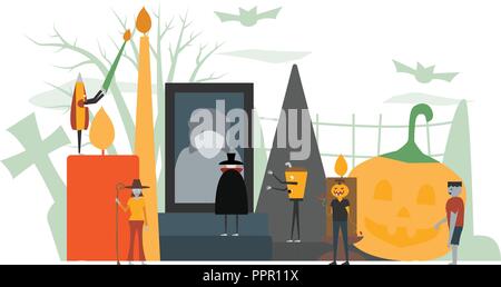Minimal Szene für Halloween tag, 31. Oktober, mit Monster, Dracula, Glas, Kürbis Mann, Frankenstein, Regenschirm, Hexe Frau gehören. Vektor illus Stock Vektor