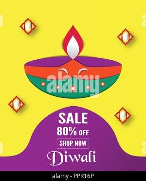 Diwali ist Fest der Lichter der hinduistischen für Einladung Hintergrund, Werbebanner, Werbung. Vector Illustration Design in Papier geschnitten und Handwerk Stil. Stock Vektor