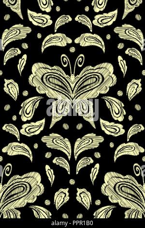 Florale nahtlose Hintergrundmuster mit Phantasie Blumen, Blätter und Schmetterlinge. Line Art. Stickerei Blumen. Vector Illustration. Stock Vektor