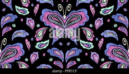Florale nahtlose Hintergrundmuster mit Phantasie Blumen, Blätter und Schmetterlinge. Line Art. Stickerei Blumen. Vector Illustration. Stock Vektor
