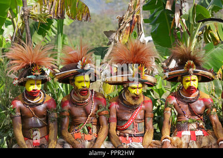 Huli Wigmen in traditioneller Kleidung in Papua-Neuguinea Stockfoto