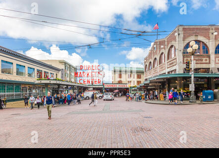 Pike Place Market in Seattle Washington eine der ältesten kontinuierlich betriebenen Märkte öffentliche Landwirte in den Vereinigten Staaten Stockfoto