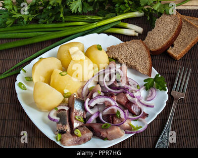 Gekochte Kartoffeln mit Butter, in Stücke von Hering cut bestreut mit Zwiebeln auf einem weißen Teller liegen Stockfoto