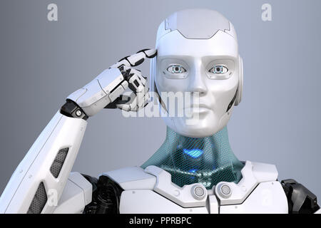 Roboter hält einen Finger in der Nähe des Kopfes. 3D illustration
